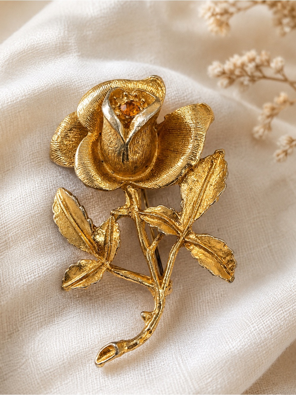 Vintage Gold Tone Rose Brooch Amber Topaz Rhinestone